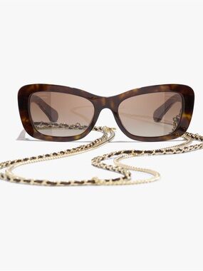 NEW CHANEL rectangle Brown Tortoise Frame Sunglasses with Gold Chain CH5553A